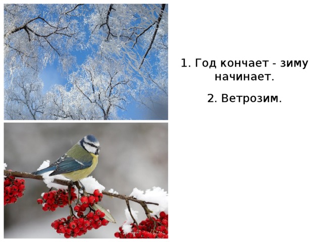 1. Год кончает - зиму начинает. 2. Ветрозим. 