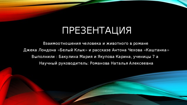 презентация Взаимоотношения человека и животного в романе Джека Лондона «Белый Клык» и рассказе Антона Чехова «Каштанка» Выполнили : Бакулина Мария и Якупова Карина, ученицы 7 а Научный руководитель: Романова Наталья Алексеевна 