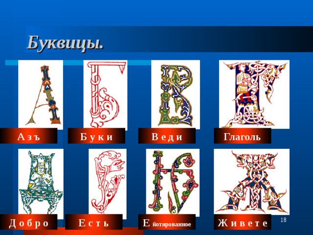 Буквицы. А з ъ Глаголь В е д и Б у к и  Д о б р о Е с т ь Е йотированное Ж и в е т е