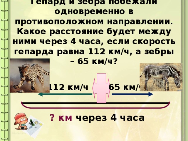 Гепард и зебра побежали одновременно в противоположном направлении. Какое расстояние будет между ними через 4 часа, если скорость гепарда равна 112 км/ч, а зебры – 65 км/ч?   112 км/ч 65 км/ч ? км через 4 часа 