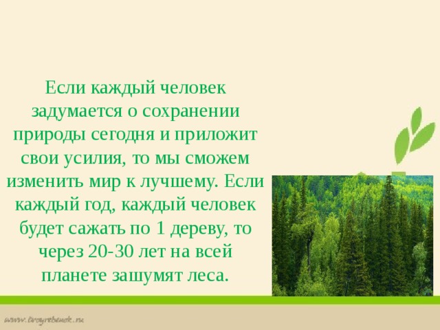 Если каждый человек задумается о сохранении природы сегодня и приложит свои усилия, то мы сможем изменить мир к лучшему. Если каждый год, каждый человек будет сажать по 1 дереву, то через 20-30 лет на всей планете зашумят леса. 