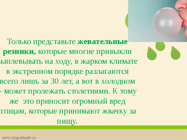 Только представьте жевательные резинки, которые многие привыкли выплевывать на ходу, в жарком климате в экстренном порядке разлагаются всего лишь за 30 лет, а вот в холодном – может пролежать столетиями. К тому же это приносит огромный вред птицам, которые принимают жвачку за пищу. 