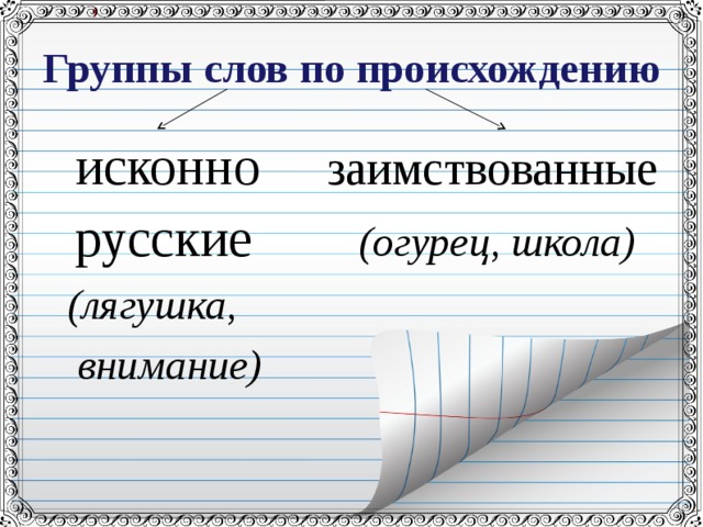 Группы слов по происхождению  исконно заимствованные  русские (огурец, школа)  (лягушка,  внимание)