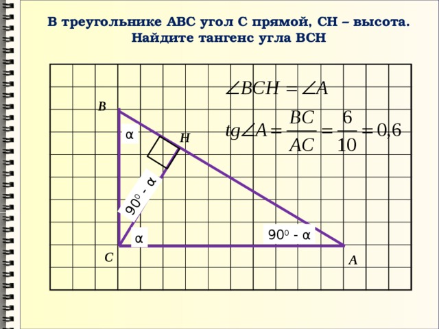90 0 - α В треугольнике АВС угол С прямой, СН – высота. Найдите тангенс угла ВСН В α Н 90 0 - α α С А 