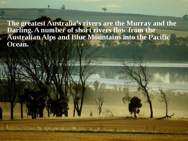 The greatest Australia’s rivers are the Murray and the Darling. A number of short rivers flow from the Australian Alps and Blue Mountains into the Pacific Ocean. 