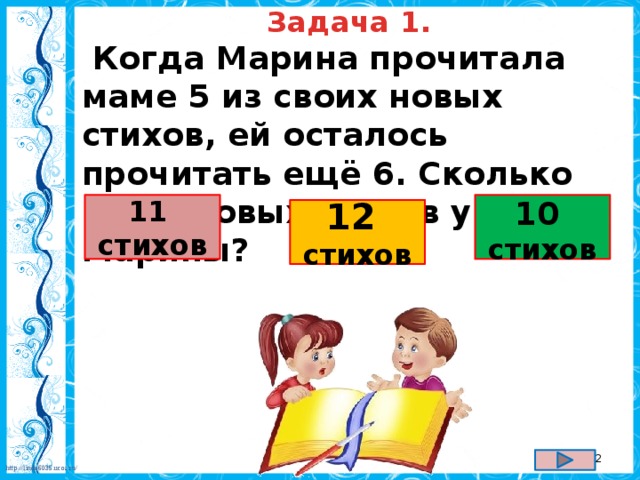 Задача 1.  Когда Марина прочитала маме 5 из своих новых стихов, ей осталось прочитать ещё 6. Сколько всего новых стихов у Марины?    11 10 стихов стихов  12 стихов  