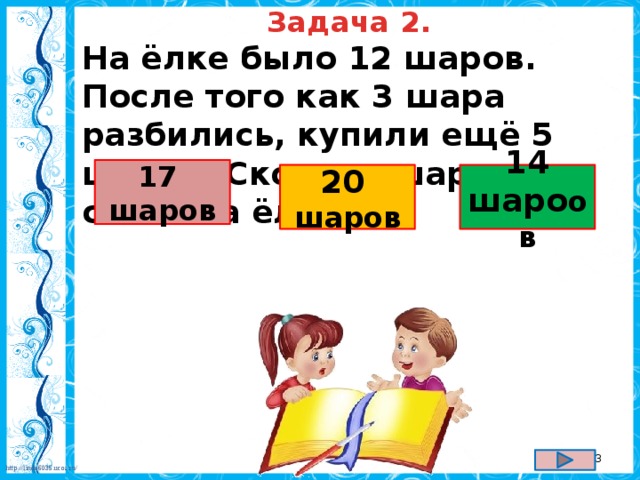 Задача 2. На ёлке было 12 шаров. После того как 3 шара разбились, купили ещё 5 шаров. Сколько шаров стало на ёлке?  17 шаров 20 14 шаро ов шаров  