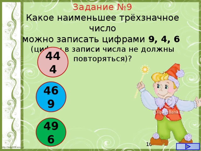 Задание №9 Какое наименьшее трёхзначное число  можно записать цифрами 9, 4, 6 (цифры в записи числа не должны повторяться)? 444 469 496  