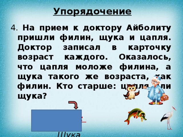 Упорядочение 4. На прием к доктору Айболиту пришли филин, щука и цапля. Доктор записал в карточку возраст каждого. Оказалось, что цапля моложе филина, а щука такого же возраста, как филин. Кто старше: цапля или щука?   Ответ:  Щука 