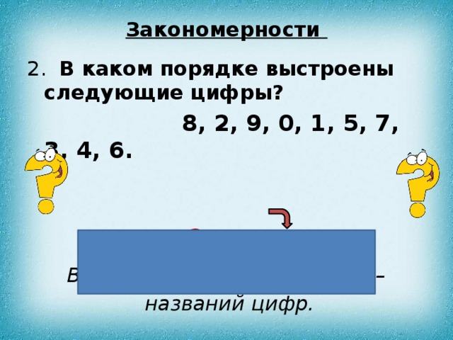 Закономерности 2.   В каком порядке выстроены следующие цифры?  8, 2, 9, 0, 1, 5, 7, 3, 4, 6.  Ответ:  В алфавитном порядке слов –  названий цифр. 