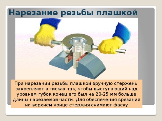 На изображении представлена технологическая операция нарезания резьбы на металлическом стержне