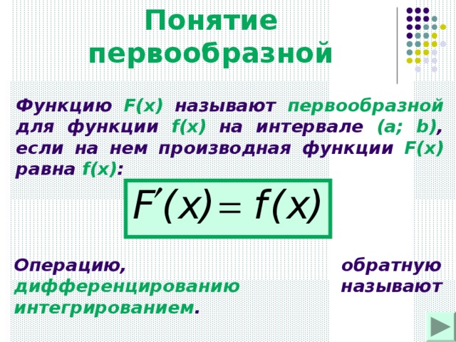 Понятие первообразной Функцию F(x)  называют первообразной для функции f(x) на интервале (a; b) , если на нем производная функции F(x) равна f(x) :  Операцию, обратную дифференцированию  называют интегрированием . 