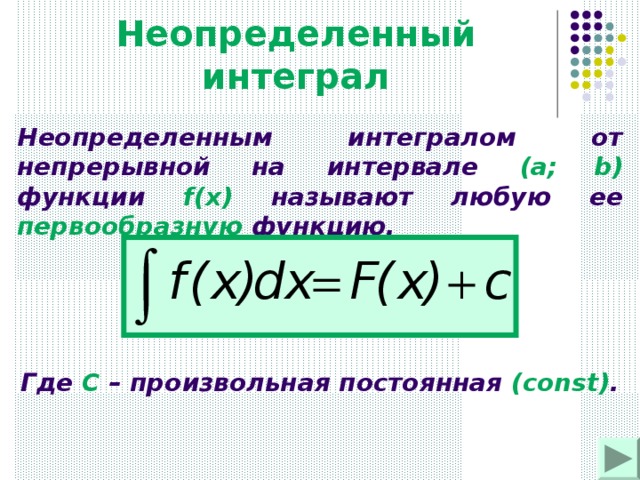 Неопределенный интеграл Неопределенным интегралом от непрерывной на интервале (a;  b)  функции  f(x)  называют любую ее первообразную функцию. Где С – произвольная постоянная ( const) . 
