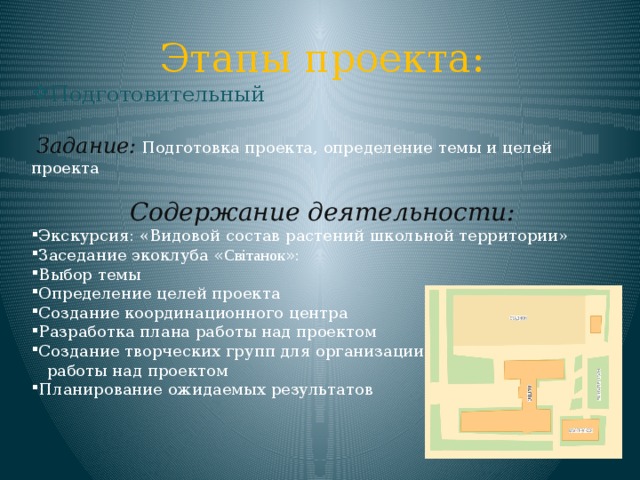 Этапы проекта: Подготовительный  Задание: Подготовка проекта, определение темы и целей проекта Содержание деятельности: Экскурсия: «Видовой состав растений школьной территории» Заседание экоклуба « Світанок » : Выбор темы Определение целей проекта Создание координационного центра Разработка плана работы над проектом Создание творческих групп для организации  работы над проектом Планирование ожидаемых результатов 