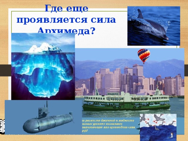 Где еще проявляется сила Архимеда?   
