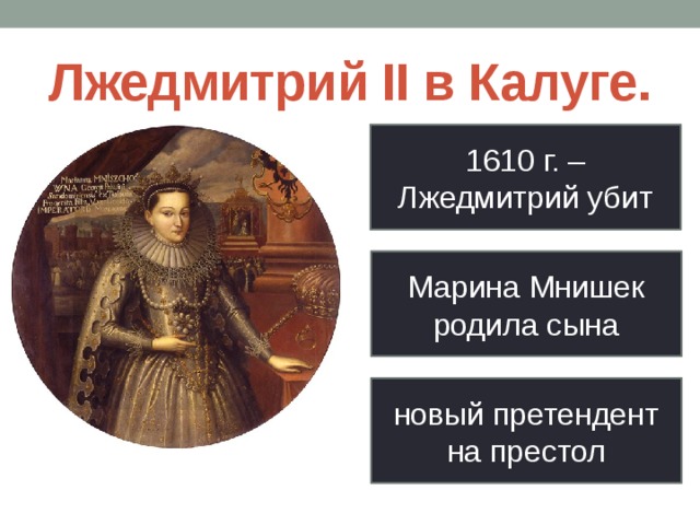 Лжедмитрий II в Калуге. 1610 г. – Лжедмитрий убит Марина Мнишек родила сына новый претендент на престол 