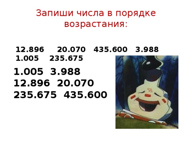 Запиши числа в порядке возрастания: 12.896 20.070 435.600 3.988 1.005 235.675 1.005 3.988 12.896 20.070 235.675 435.600