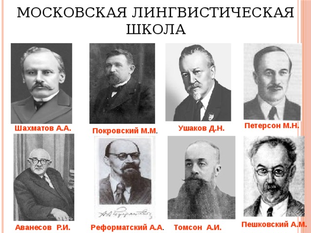 МОСКОВСКАЯ ЛИНГВИСТИЧЕСКАЯ ШКОЛА Петерсон М.Н. Ушаков Д.Н. Шахматов А.А. Покровский М.М . Пешковский А.М. Аванесов Р.И. Реформатский А.А . Томсон А.И. 