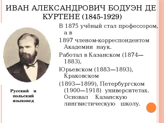 ИВАН АЛЕКСАНДРОВИЧ БОДУЭН ДЕ КУРТЕНЕ (1845-1929) В 1875 учёный стал профессором, а в 1897 членом-корреспондентом Академии наук. Работал в Казанском (1874—1883), Юрьевском (1883—1893), Краковском (1893—1899), Петербургском (1900—1918) университетах. Основал Казанскую лингвистическую школу. Русский и польский языковед 