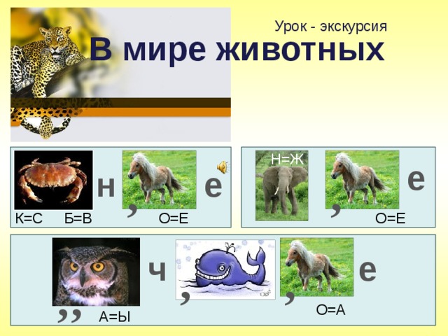 Урок - экскурсия В мире животных Н=Ж е е н , , К=С Б=В О=Е О=Е ч е , , , , О=А А=Ы  
