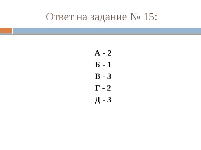 Ответ на задание № 15: А - 2 Б - 1 В - 3 Г - 2 Д - 3 