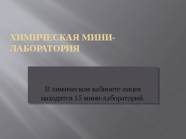 Химическая мини-лаборатория  В химическом кабинете лицея находятся 15 мини-лабораторий. 