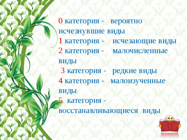 0 категория - вероятно исчезнувшие виды  1 категория - исчезающие виды  2 категория - малочисленные виды  3 категория - редкие виды  4  категория - малоизученные виды  5 категория - восстанавливающиеся виды    