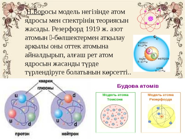 Ядроның нуклондық моделі. Атом дегеніміз не. Атом ядросы. Резерфорд тәжірибесі. Квант теориясы.