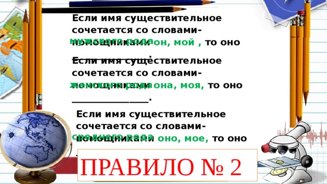 Если имя существительное сочетается со словами-помощниками он, мой , то оно ________________. мужского рода Если имя существительное сочетается со словами-помощниками она, моя, то оно ________________. женского рода Если имя существительное сочетается со словами-помощниками оно, мое, то оно ________________. среднего рода ПРАВИЛО № 2