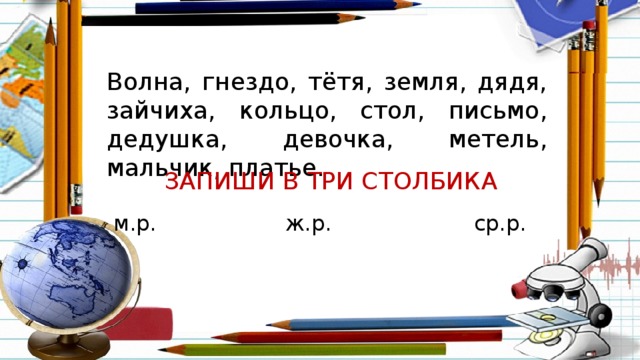 Волна, гнездо, тётя, земля, дядя, зайчиха, кольцо, стол, письмо, дедушка, девочка, метель, мальчик, платье.  ЗАПИШИ В ТРИ СТОЛБИКА м.р. ж.р. ср.р.