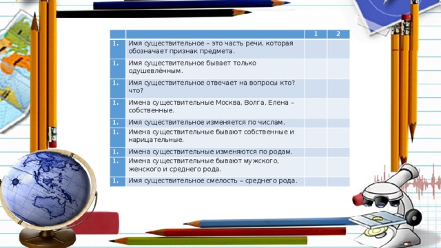       1 Имя существительное – это часть речи, которая обозначает признак предмета.     2   Имя существительное бывает только одушевлённым.   Имя существительное отвечает на вопросы кто? что?         Имена существительные Москва, Волга, Елена – собственные.       Имя существительное изменяется по числам.       Имена существительные бывают собственные и нарицательные.       Имена существительные изменяются по родам.         Имена существительные бывают мужского, женского и среднего рода. Имя существительное смелость – среднего рода.          