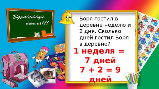 Боря гостил в деревне неделю и 2 дня. Сколько дней гостил Боря в деревне? 1 неделя = 7 дней 7 + 2 = 9 дней 