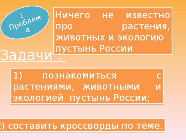 1. Проблема Ничего не известно про растения, животных и экологию пустынь России Задачи : 1) познакомиться с растениями, животными и экологией пустынь России; 2) составить кроссворды по теме.