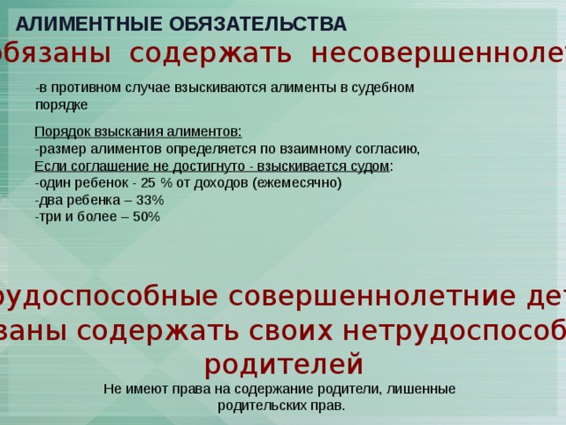 Алиментные обязательства Родители обязаны содержать несовершеннолетних детей -в противном случае взыскиваются алименты в судебном порядке Порядок взыскания алиментов: -размер алиментов определяется по взаимному согласию, Если соглашение не достигнуто - взыскивается судом : -один ребенок - 25 % от доходов (ежемесячно) -два ребенка – 33% -три и более – 50% Трудоспособные совершеннолетние дети обязаны содержать своих нетрудоспособных родителей Не имеют права на содержание родители, лишенные родительских прав. 