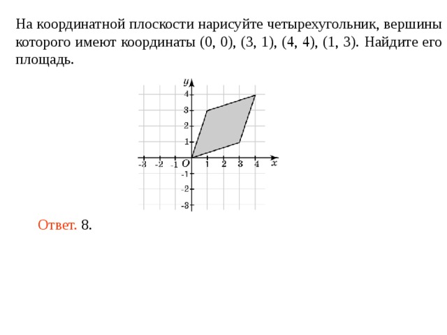 На координатной плоскости нарисуйте четырехугольник, вершины которого имеют координаты (0, 0), (3, 1), (4, 4), (1, 3). Найдите его площадь. Ответ.  8 . 