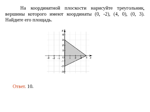 На координатной плоскости нарисуйте треугольник, вершины которого имеют координаты (0, -2), (4, 0), (0, 3). Найдите его площадь. Ответ.  10 . 