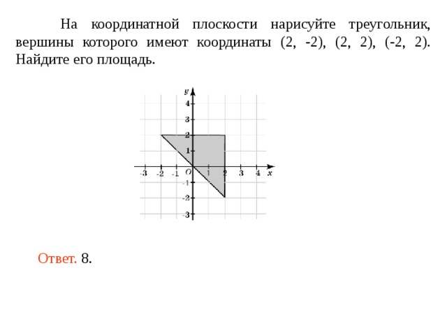На координатной плоскости нарисуйте треугольник, вершины которого имеют координаты (2, -2), (2, 2), (-2, 2). Найдите его площадь. Ответ.  8 . 