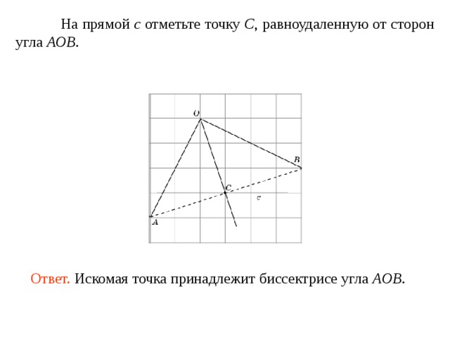  На прямой c отметьте точку C , равноудаленную от сторон угла AOB . Ответ. Искомая точка принадлежит биссектрисе угла AOB . 