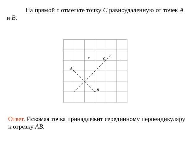  На прямой c отметьте точку C равноудаленную от точек A и B . Ответ. Искомая точка принадлежит серединному перпендикуляру к отрезку AB . 