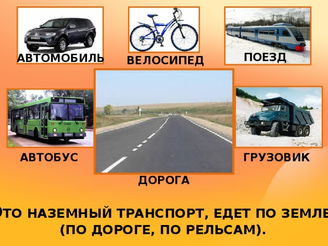 ПОЕЗД АВТОМОБИЛЬ ВЕЛОСИПЕД АВТОБУС ГРУЗОВИК ДОРОГА Э ТО НАЗЕМНЫЙ ТРАНСПОРТ, ЕДЕТ ПО ЗЕМЛЕ (ПО ДОРОГЕ, ПО РЕЛЬСАМ). 