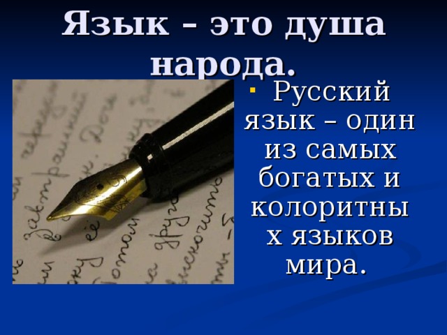 Язык – это душа народа.  Русский язык – один из самых богатых и колоритных языков мира.  