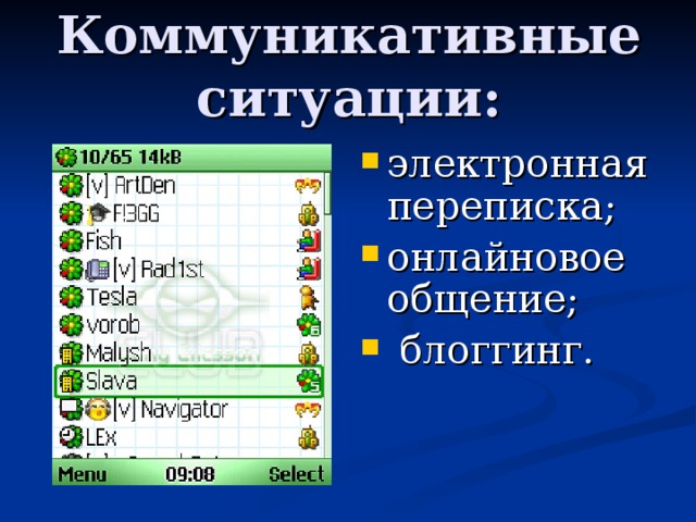 Коммуникативные ситуации: электронная переписка; онлайновое общение;  блоггинг. 
