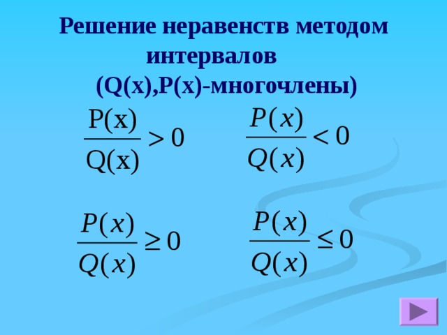 Решение неравенств методом интервалов  ( Q(x),P(x)- многочлены) 