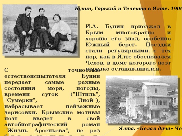 Бунин, Горький и Телешов в Ялте. 1900 г. И.А. Бунин приезжал в Крым многократно и хорошо его знал, особенно Южный берег. Поездки стали регулярными с тех пор, как в Ялте обосновался Чехов, в доме которого поэт нередко останавливался. С точностью естествоиспытателя Бунин передает самые разные состояния моря, погоды, времени суток (