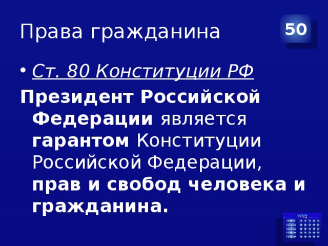 Права гражданина 50 Ст. 80 Конституции РФ Президент Российской Федерации является гарантом Конституции Российской Федерации, прав и свобод человека и гражданина. 