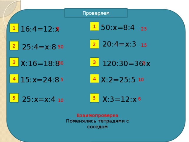 Выполните действия Проверяем 1 50:х=8:4 1 16:4=12:х 25 3 20:4=х:3 2 15 25:4=х:8 2 50 Х:16=18:8  3 120:30=36:х 3 9 36 Х:2=25:5 4 15:х=24:8  4 5 10 Х:3=12:х 5 25:х=х:4 5 6 10 Взаимопроверка Поменялись тетрадями с соседом 