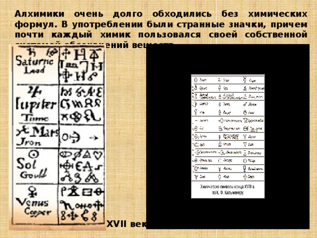 Алхимики очень долго обходились без химических формул. В употреблении были странные значки, причем почти каждый химик пользовался своей собственной системой обозначений веществ. XVII век 