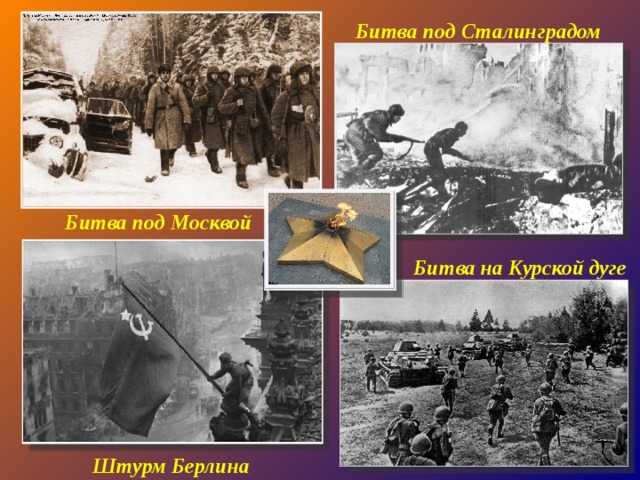 Битва под Сталинградом Битва под Москвой Битва на Курской дуге Штурм Берлина 