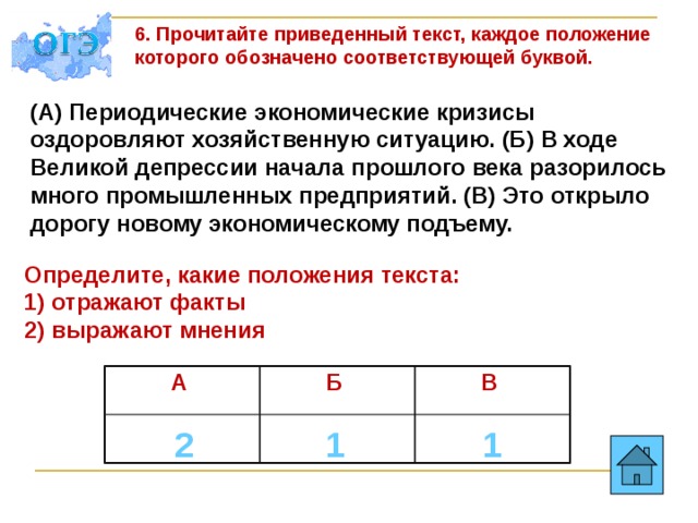 6. Прочитайте приведенный текст, каждое положение которого обозначено соответствующей буквой.  (А) Периодические экономические кризисы оздоровляют хозяйственную ситуацию. (Б) В ходе Великой депрессии начала прошлого века разорилось много промышленных предприятий. (В) Это открыло дорогу новому экономическому подъему. Определите, какие положения текста: 1) отражают факты 2) выражают мнения А Б В 2 1 1