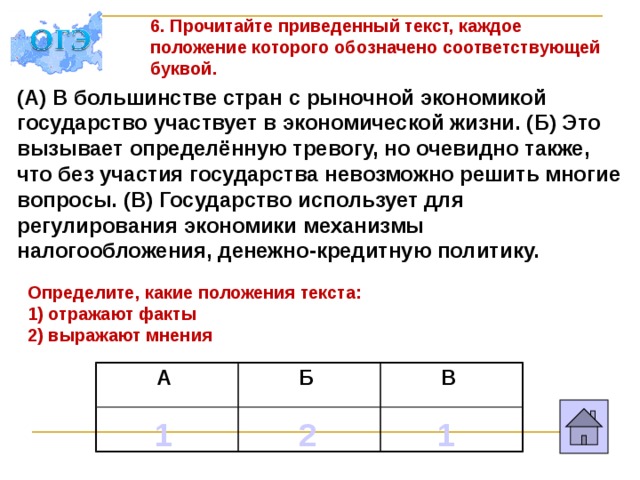 6. Прочитайте приведенный текст, каждое положение которого обозначено соответствующей буквой.  (А) В большинстве стран с рыночной экономикой государство участвует в экономической жизни. (Б) Это вызывает определённую тревогу, но очевидно также, что без участия государства невозможно решить многие вопросы. (В) Государство использует для регулирования экономики механизмы налогообложения, денежно-кредитную политику. Определите, какие положения текста: 1) отражают факты 2) выражают мнения А Б В 1 2 1